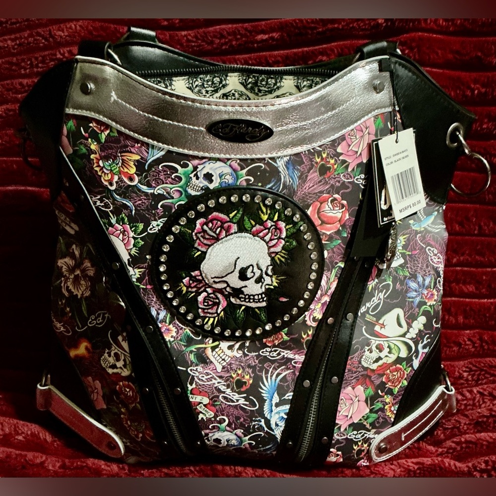 Ed Hardy Black and Silver Skull Embroidered Backpack